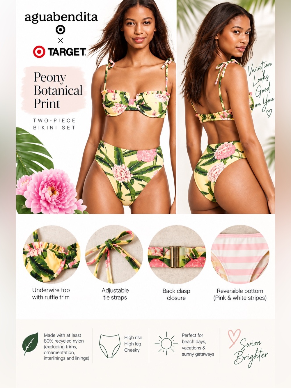 Agua Bendita x Target Peony Botanical Bikini Set Small Reversible NWT